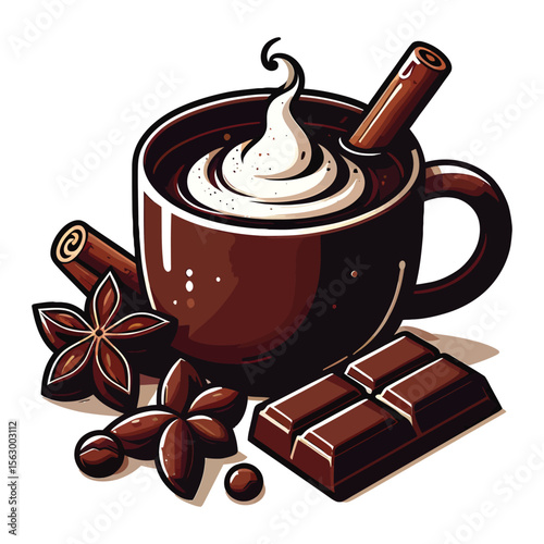 Dark chocolate drink with whipped cream and spices