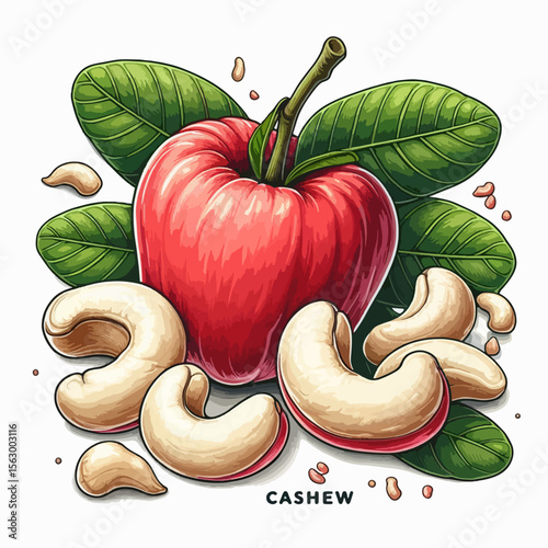 Digital illustration showcases a cashew fruit with vibrant red coloring and a surrounding scattering of cashew nuts and leaves.  The style is detailed and realistic.