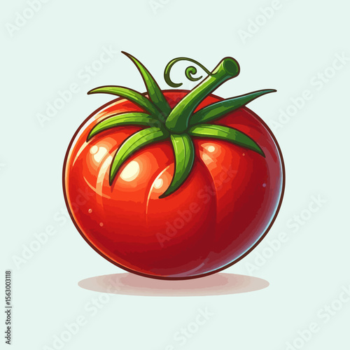 Digitally rendered, detailed illustration of a red tomato, featuring a glossy, textured skin and vibrant green stem and leaves.  The light and shadow enhance the realistic appearance.