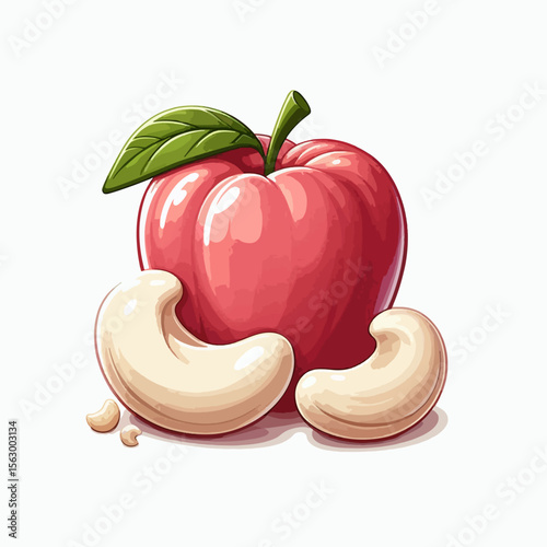 Digital illustration displays a pink , next to two split cashews, on a white background.