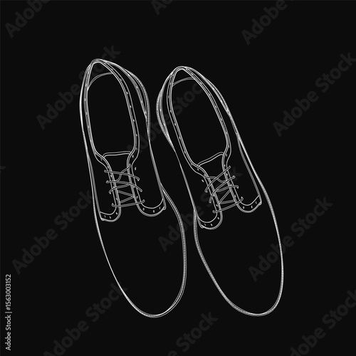 Black and white sketched men's shoes with detailed laces and soles stand out against a dark background. The clean lines and high contrast highlight the footwear's design.