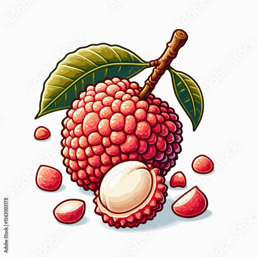 Detailed graphic design of a lychee fruit, displayed whole and with segments, set against a plain white background. The fruit is depicted with a vibrant color palette and illustrative style.