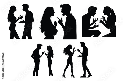 Couple arguing silhouettes with expressive gestures