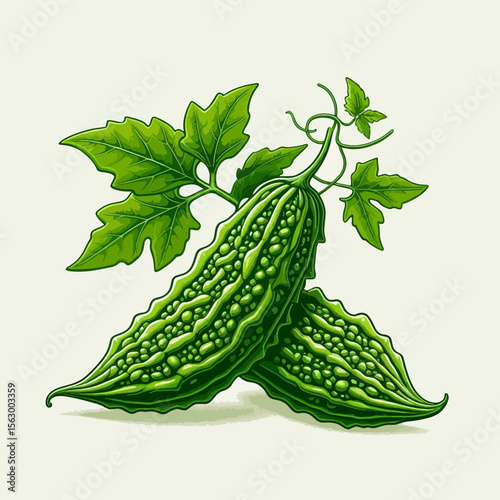 Two vibrant green bitter melons with intricate details, displayed with leaves and stems, highlighted against a light backdrop.