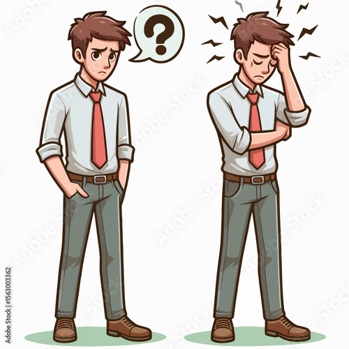 Two cartoon figures, dressed in business attire, exhibiting different expressions of confusion and distress.