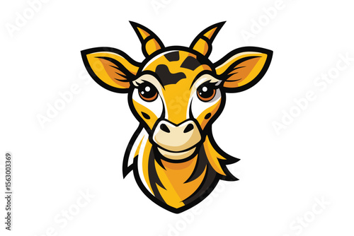 Cartoon giraffe head featuring yellow, black spots, and a cute face looks forward