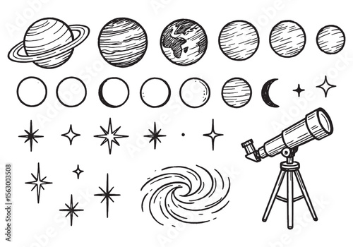 Illustrated solar system elements with planets, stars, moon phases, and a telescope in black line art style.
