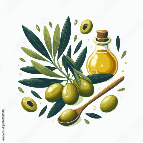 Graphic design featuring a vibrant arrangement of olives, leaves, and a bottle of olive oil on a white background.