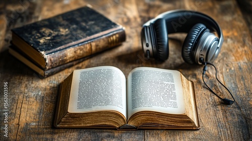 Vintage books and headphones on a wooden table