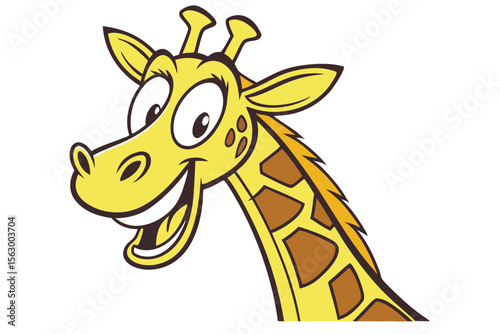 Cartoon giraffe smiles broadly showing its teeth with a happy expression on white