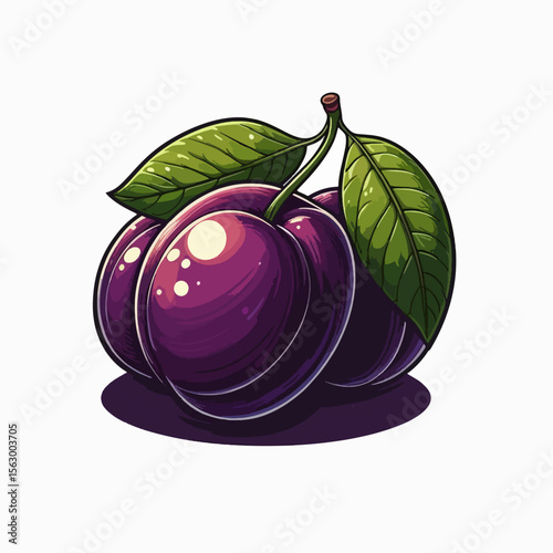 Vibrant, detailed graphic illustration of two plums with leaves, set against a plain white background. The plums are depicted in rich purple tones.