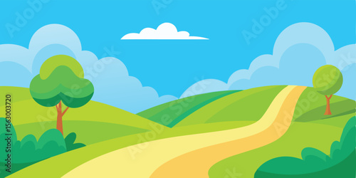 Green summer landscape with trees, rolling hills, and a blue sky with clouds