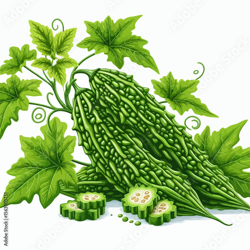 Digital illustration of bitter melon fruit, showcasing vibrant green hues and detailed leaves.  Sliced sections of the fruit are also present.