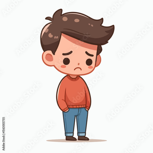 Cartoon illustration of a boy who appears to be feeling unhappy.  He is standing and dressed in simple clothing.