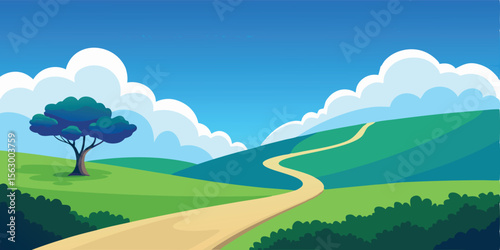 Green summer landscape with rolling hills, blue sky, and a bright sun over a peaceful meadow