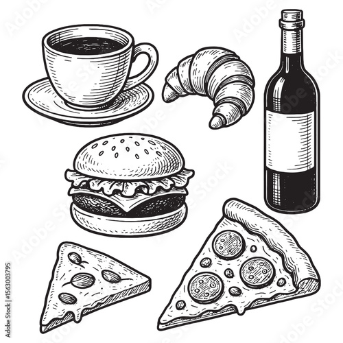 Vintage food and drink sketches featuring pizza, burger, coffee, wine, and croissant in engraved black and white style.