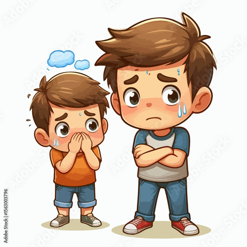 Digital illustration of two young boys, one slightly smaller than the other, expressing feelings of worry and concern.  Their expressions show distress and anxiety.