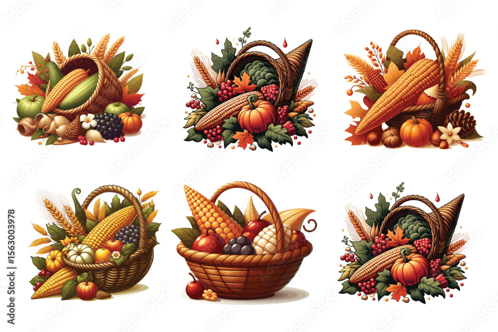Naklejka premium Autumn harvest cornucopia and baskets vector