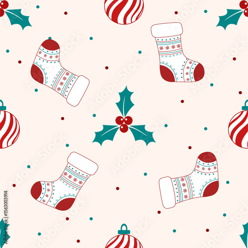 Charming seamless Christmas pattern featuring stockings, holly leaves, and festive baubles on a light background. Great for seasonal wrapping paper, fabric, and digital projects.