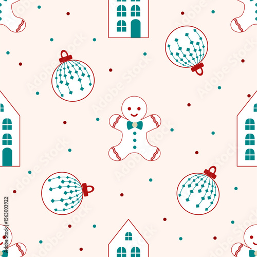  seamless Christmas pattern with gingerbread man, baubles, and cozy houses in soft festive colors. Ideal for holiday packaging, cards, and textile designs.