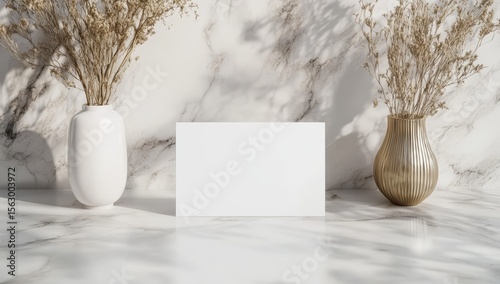 Blank card mockup, marble background, dried flowers, elegant presentation