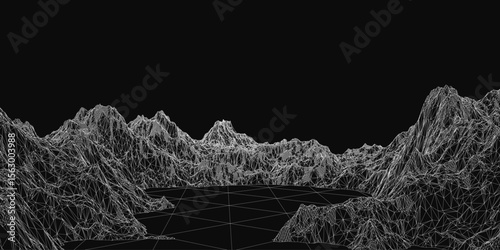 A black and white 3D model of a mountain range features intricate shapes and sharp lines against a dark background. The abstract design creates a striking contrast with its geometric complexity.