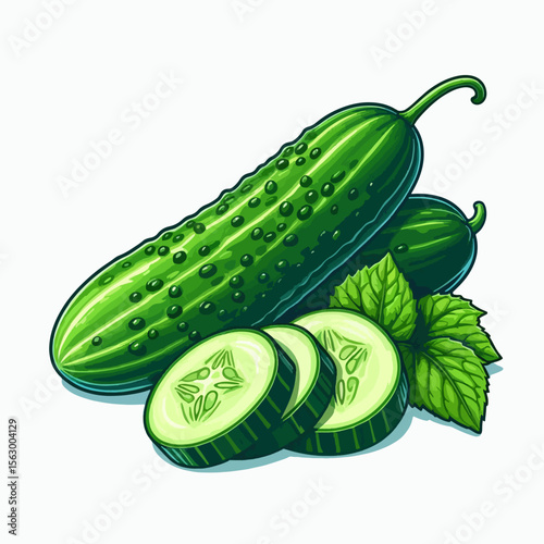 Vibrant graphic depiction of whole and sliced cucumbers with fresh leaves.  The illustration showcases the detail of the vegetable.