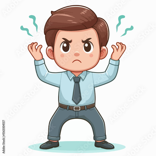 Cartoon image depicts a young person in a business suit, displaying an angry expression with raised arms. The character is set against a plain white background.