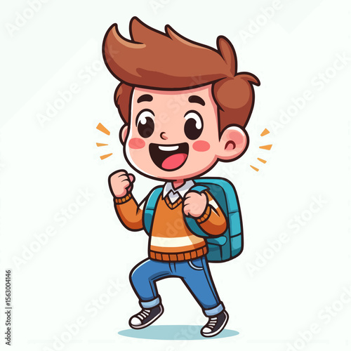 Cartoon illustration of a boy in a casual outfit, carrying a backpack, exhibiting a happy and excited expression, designed for a positive representation of a child.