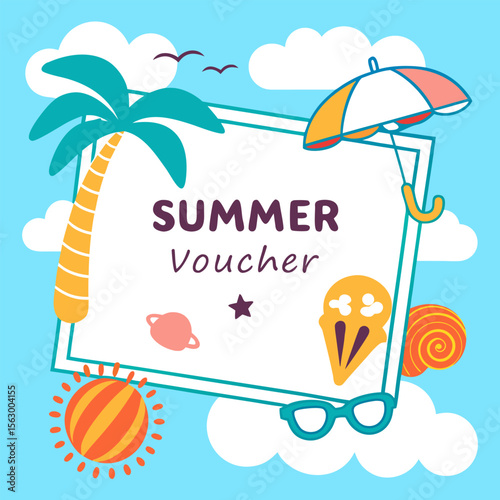 Bright and cheerful summer voucher design featuring a palm tree umbrella ice cream sun and sunglasses against a blue sky with clouds and birds