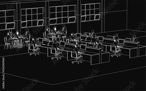 A black and white drawing depicts a spacious office with people working at desks equipped with computers and monitors. Tables hold various office objects, while large windows line the back wall.