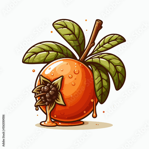 Stylized, cartoonish depiction of a fruit with dripping juice, featuring vibrant colors and detailed leaves.