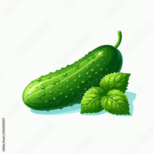 Detailed illustration of a vibrant green cucumber with water droplets and fresh mint leaves against a white background.
