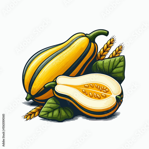 Vibrant,  stylized image of a yellow decorative squash, whole and halved,  with accompanying wheat and leaves.  The illustration style showcases the fruit's texture and  details.