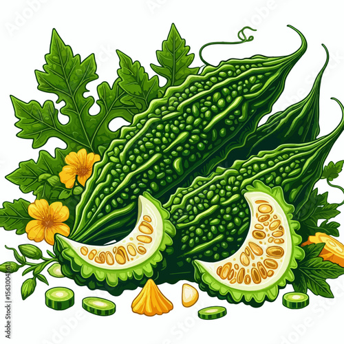 Detailed graphic illustration of bitter melons with leaves and flowers, arranged in a decorative design against a white background.