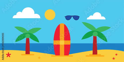 Tropical beach vector illustration with palm trees, sun, and ocean waves, perfect for a summer holiday landscape design