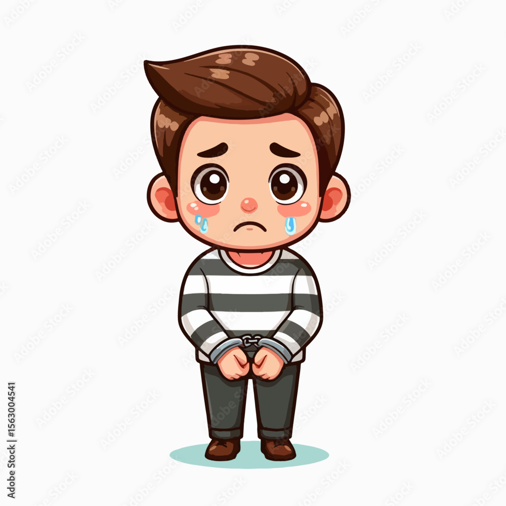 Obraz premium Cartoon illustration of a small boy in striped pajamas, handcuffed and visibly upset, with tears streaming down his face. He is standing against a plain white background.