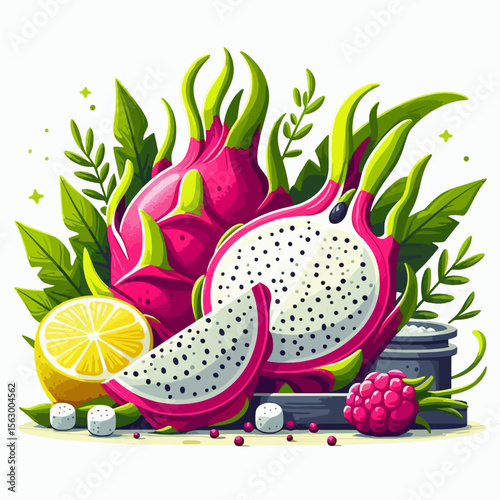 Digitally rendered composition of dragon fruit and a lemon, artfully arranged on a white background with tropical leaves and herbs.