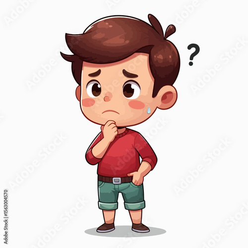Digitally rendered cartoon illustration of a young boy with a questioning expression,  depicting thoughtful contemplation.