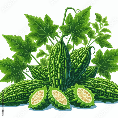 Detailed graphic design of bitter melons, including whole fruits, sliced sections, and leaves, set against a white backdrop. The melons are depicted with realistic detail.