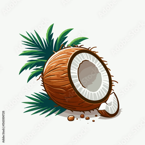 Stylized graphic of a split coconut with palm leaves, displaying a bright color scheme and cartoonish presentation.