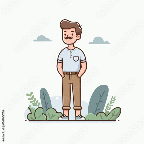 Light-toned illustration of a man wearing casual clothes, set against a backdrop of nature elements.  He's posed in a relaxed manner.