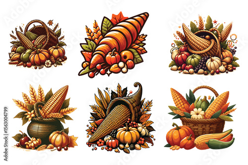 Autumn harvest bounty cornucopia pumpkins vector