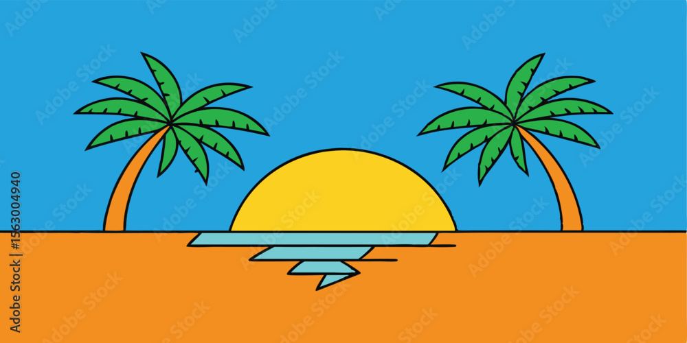 Obraz premium Golden sun setting over a tropical island beach with palm trees and ocean waves, a perfect summer vacation paradise