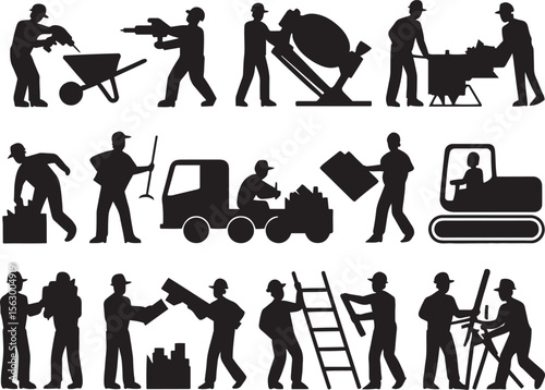 Construction workers building with tools and equipment