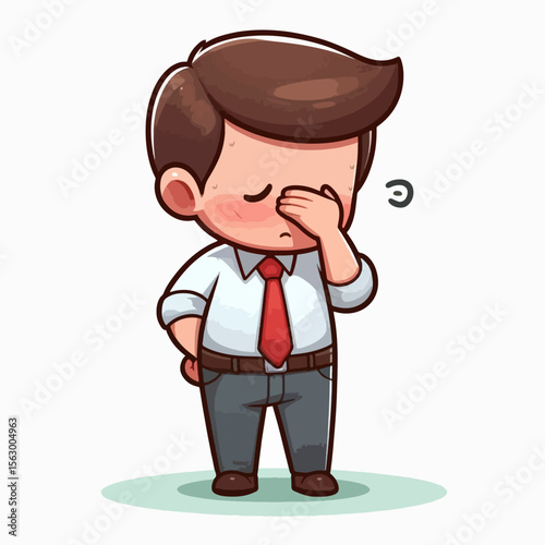 Cartoon illustration of a young man in formal attire, appearing embarrassed and self-conscious.