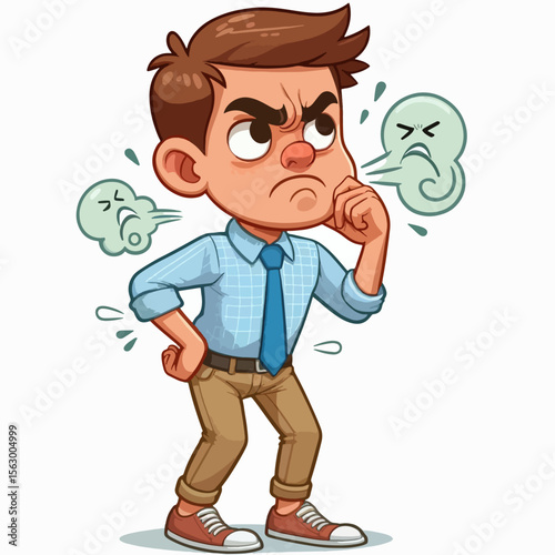 Cartoon illustration of a young boy with a frustrated, angry expression, depicted against a plain background.