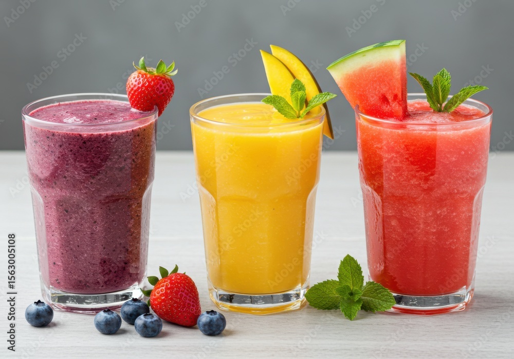 Three glasses of vibrant fruit smoothies are garnished with fresh fruit and mint leaves Three glasses of vibrant fruit smoothies are garnished with fresh fruit and mint leaves