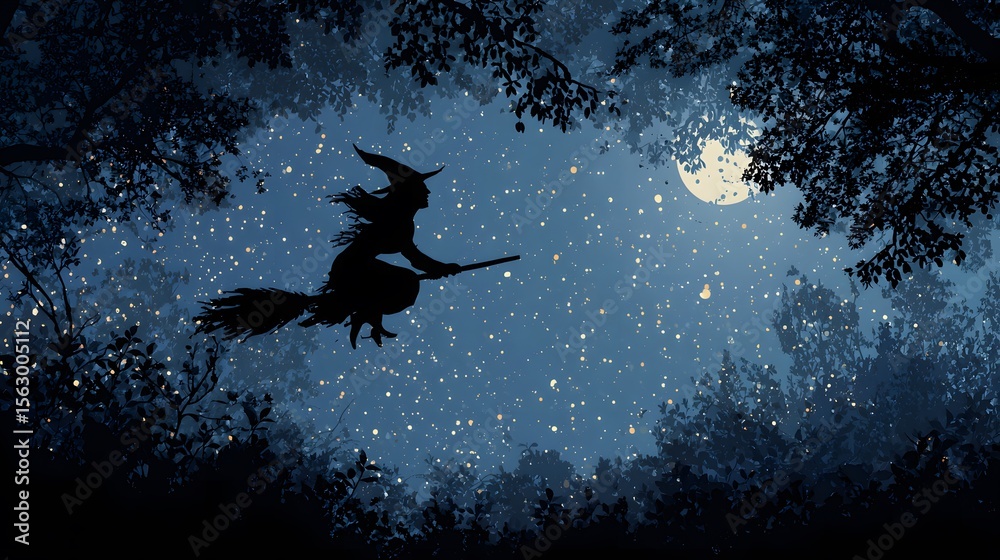 Naklejka premium Halloween theme: A silhouette of a witch flying on a broomstick against the backdrop of a night sky, a full moon, and an arch of bushes