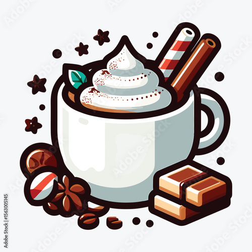 Whipped cream topped cocoa with cinnamon sticks and chocolate